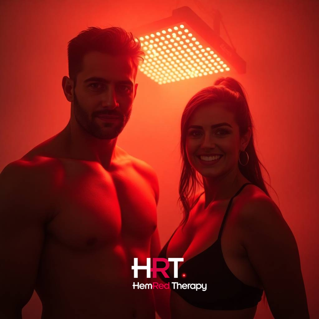 A fit man and woman smiling confidently under a glowing red light therapy panel, showcasing the wellness benefits of red light therapy for skin rejuvenation and muscle recovery. The image highlights HemRed Therapy™
