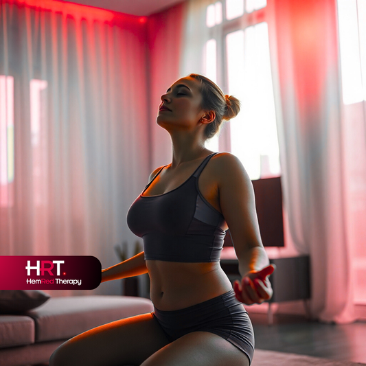 Woman meditating near a red light therapy panel for wellness routine