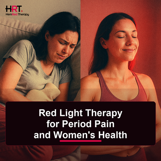 Woman using red light therapy for period comfort and women's health